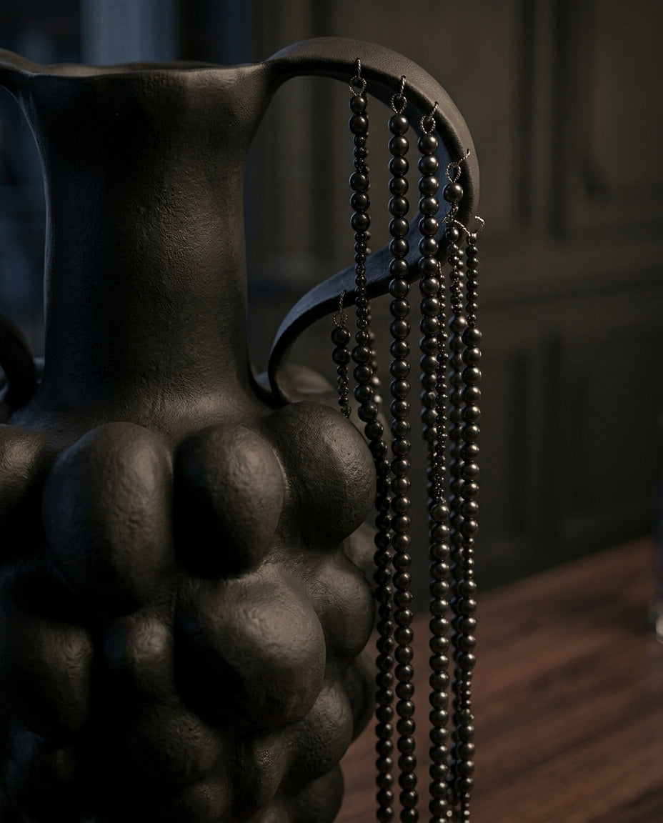 The matte volcanic charcoal cluster vessel on a walnut console in a panelled Paris apartment at night.
