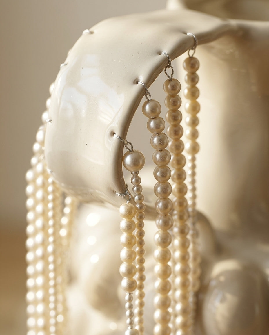 The ivory glazed cluster vessel on a limestone balustrade above the Mediterranean, pearl strands hanging from both handles.