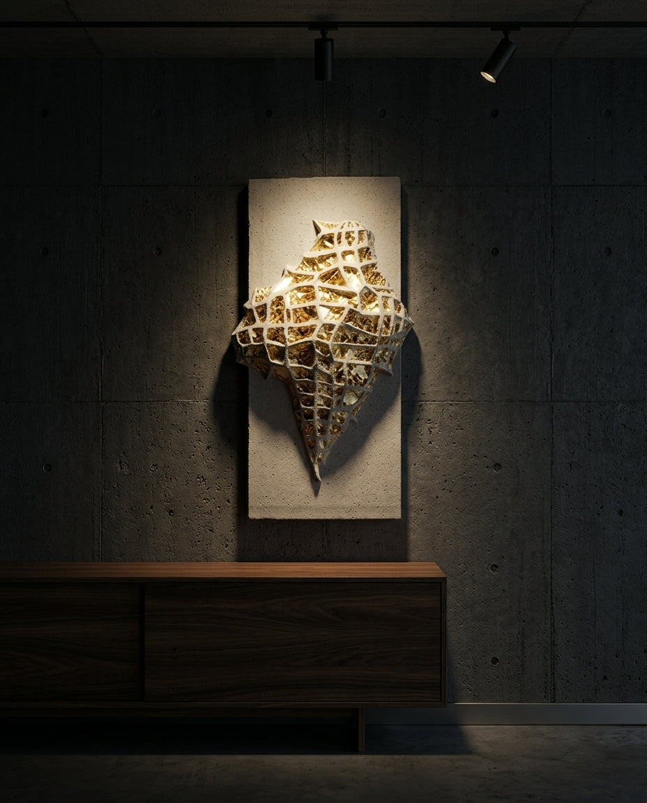 Claustra No. 01 under a low warm spotlight, gilded chambers catching light