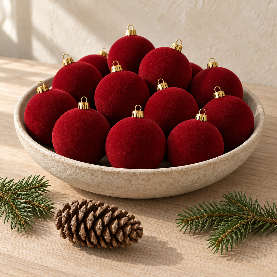 The Velvet Baubles in Red, gathered in a stone dish
