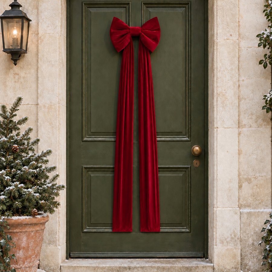 The Velvet Bow in Dark Red on a front door