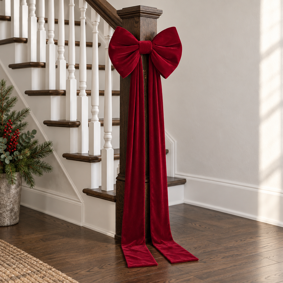 The Velvet Bow in Dark Red tied to a staircase newel post