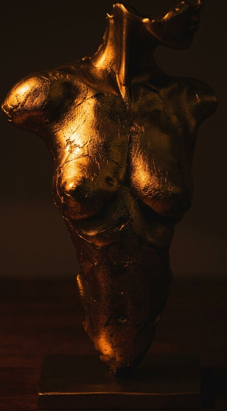 Macro detail of hand-applied gold leaf on The Kore Fragment, uneven at the seams