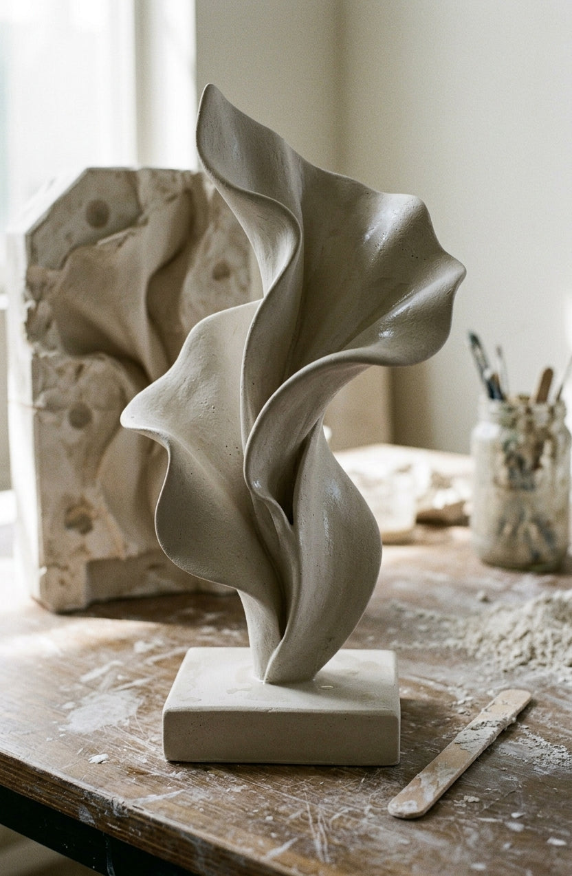 L'Éclosion beside its plaster mold on the workbench