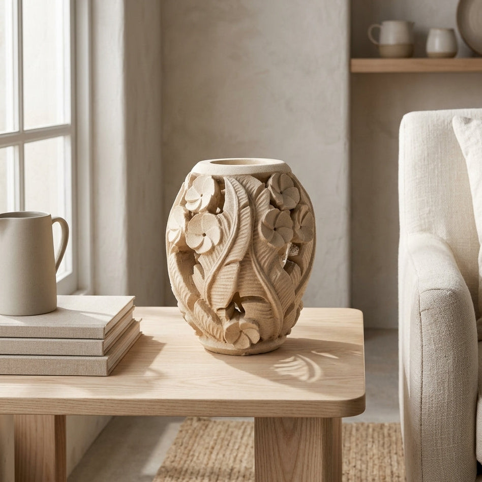 L'Enlacement on a wooden table in a sunlit interior