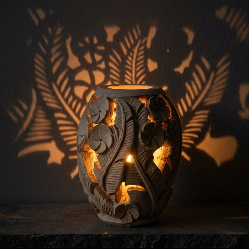 L'Enlacement lit from within at night, its shadow cast on the wall