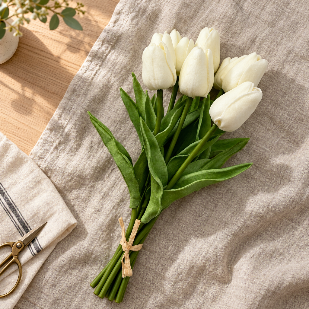 Forever Tulips in Cream on linen
