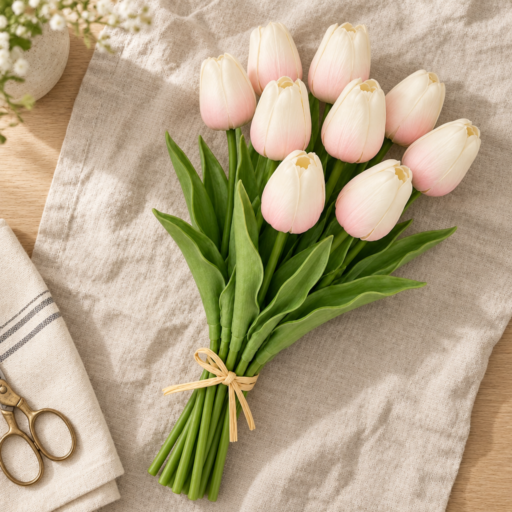 Forever Tulips in Light Pink on linen
