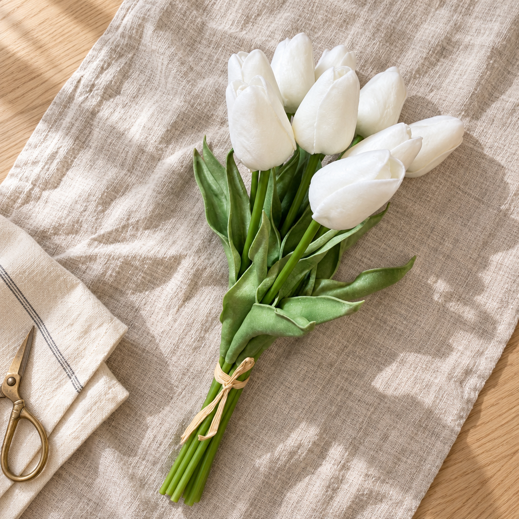 Forever Tulips in White on linen