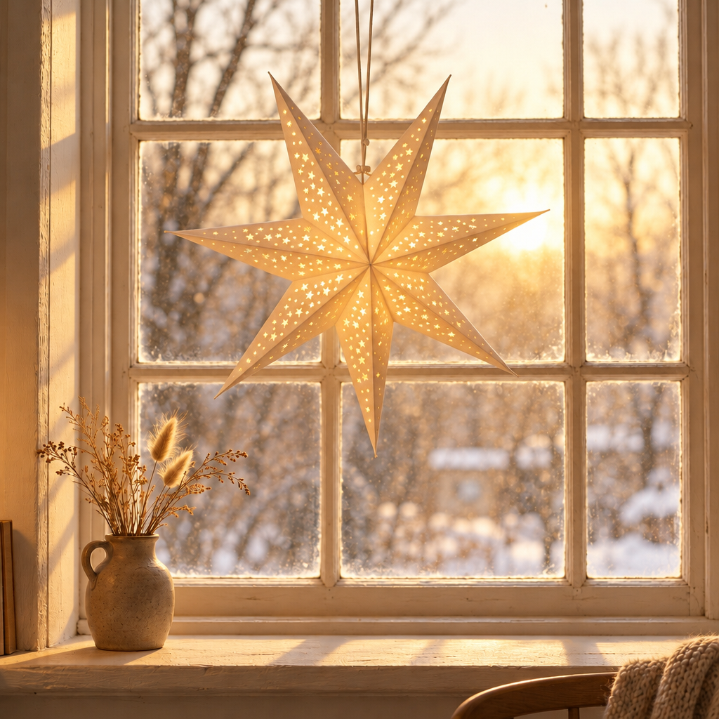 The Paper Star in a window at golden hour