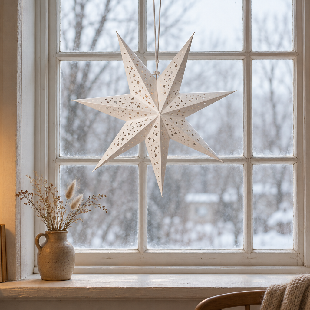 The Paper Star hanging in a window on a soft grey day