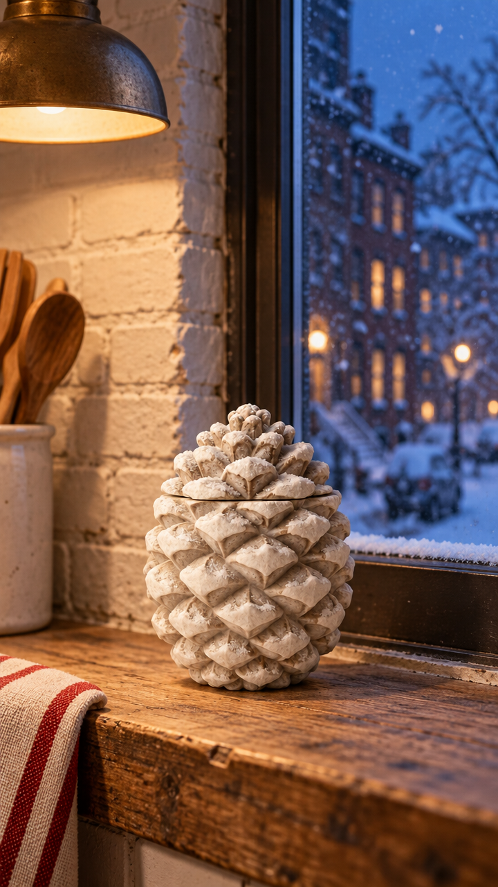 The Pinecone — snow-dusted stone pinecone candle on a kitchen sill, brownstones in the snow outside