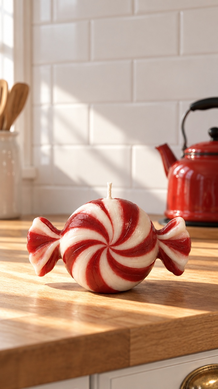The Peppermint, Candy — glossy red-and-white wrapped-sweet wax candle on a wooden kitchen counter