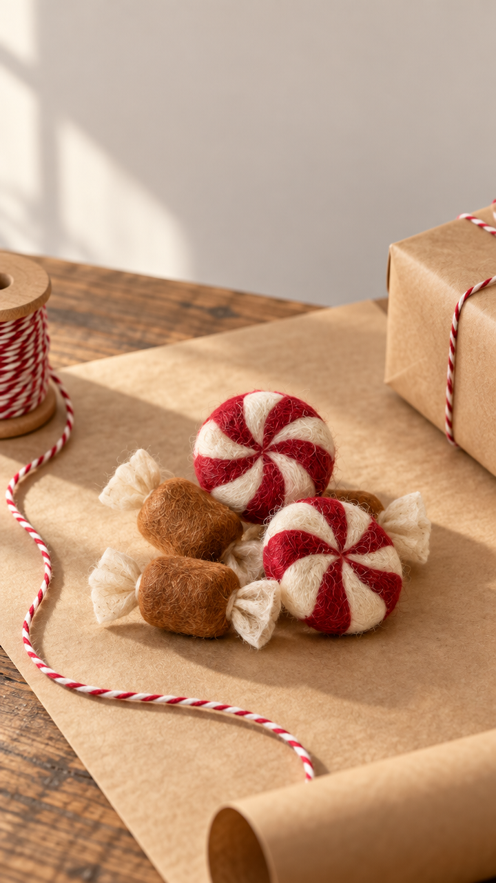 The Sweets — felted wool peppermints and caramels on kraft paper with red-and-white twine