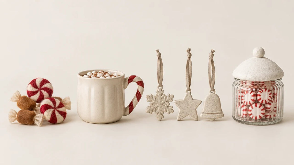 Snowfall placeholder — the four gifts together (concept render, to be replaced by the overhead kraft-and-linen photo)
